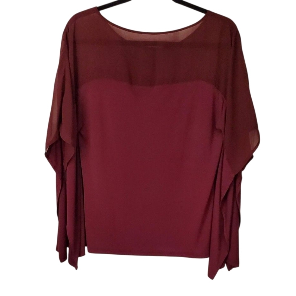 White House Black Market Burgundy Sheer Poncho Sleeve Boat Neck Blouse Size S - Picture 4 of 6